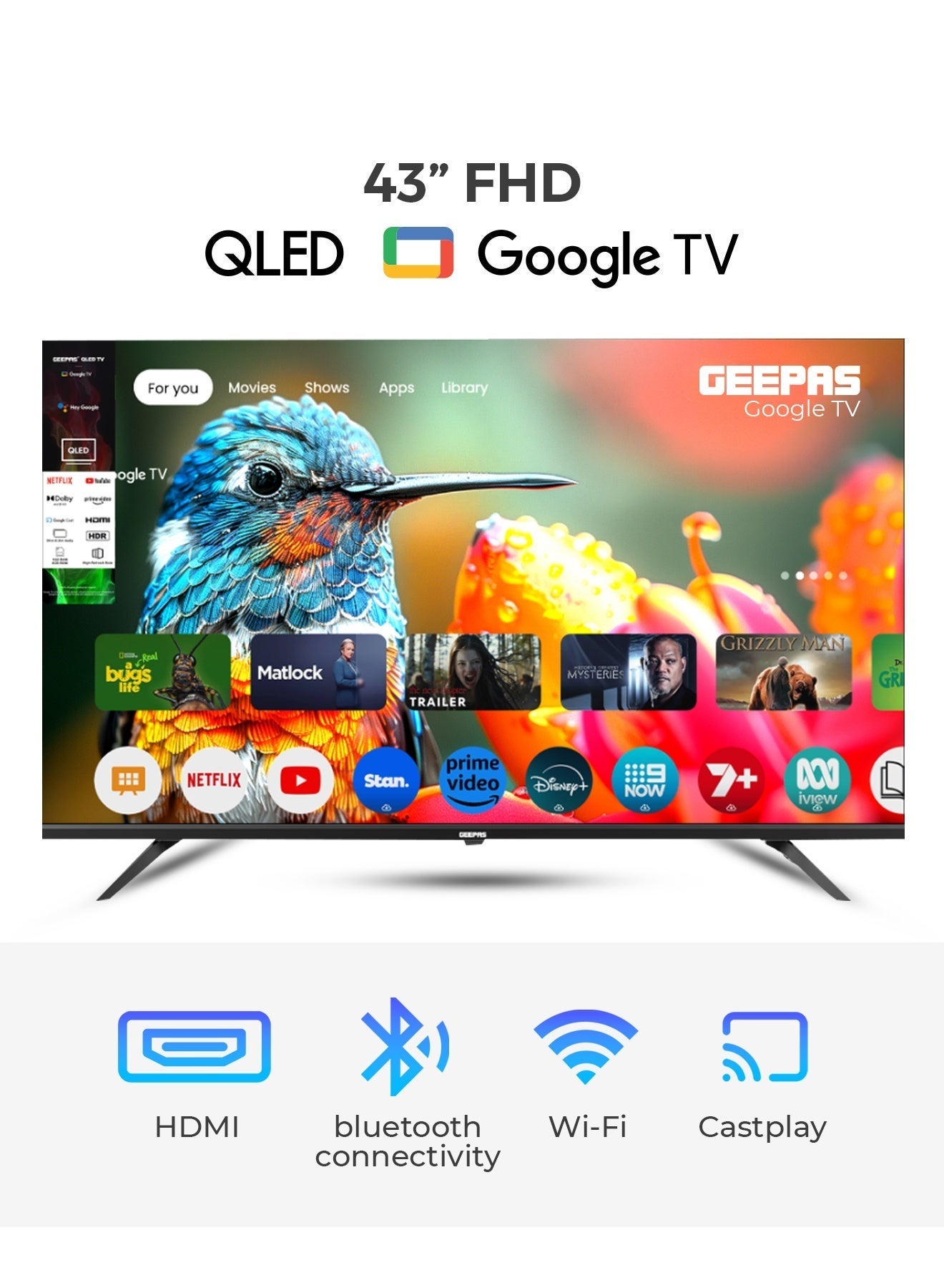 Geepas 43" FHD QLED Google TV | Sharp Picture with Sleek Design, with Built-in Apps | Dolby Audio, HDMI & USB Connectivity| Voice Remote with Google Cast | GLED4325GTQLD